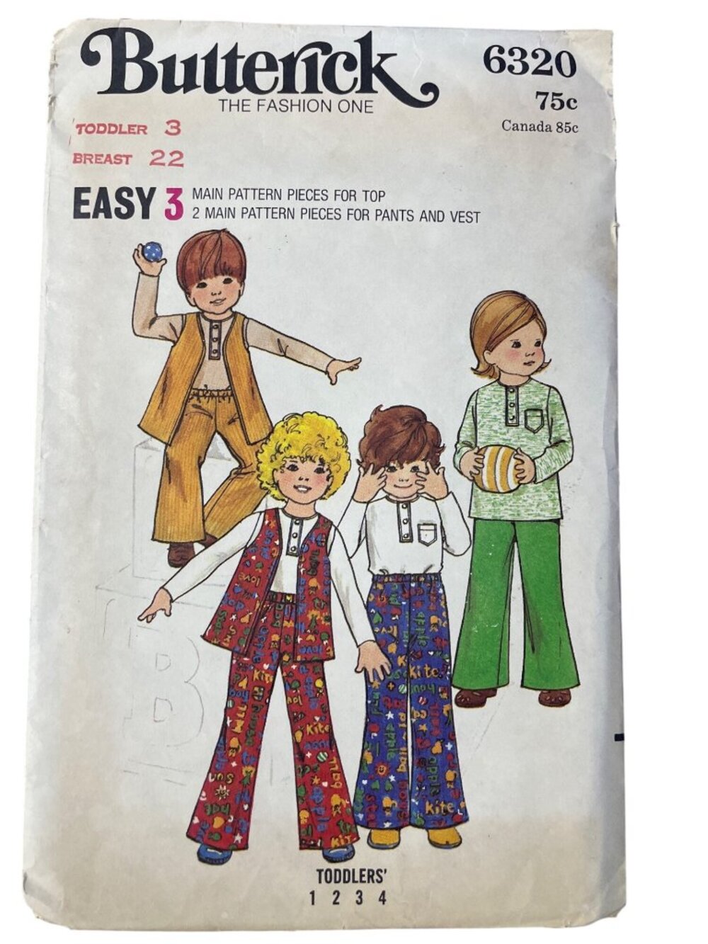 Vintage Butterick 6320 Sewing Pattern Toddlers Size 3 Top Vest & Pants Retro CUT